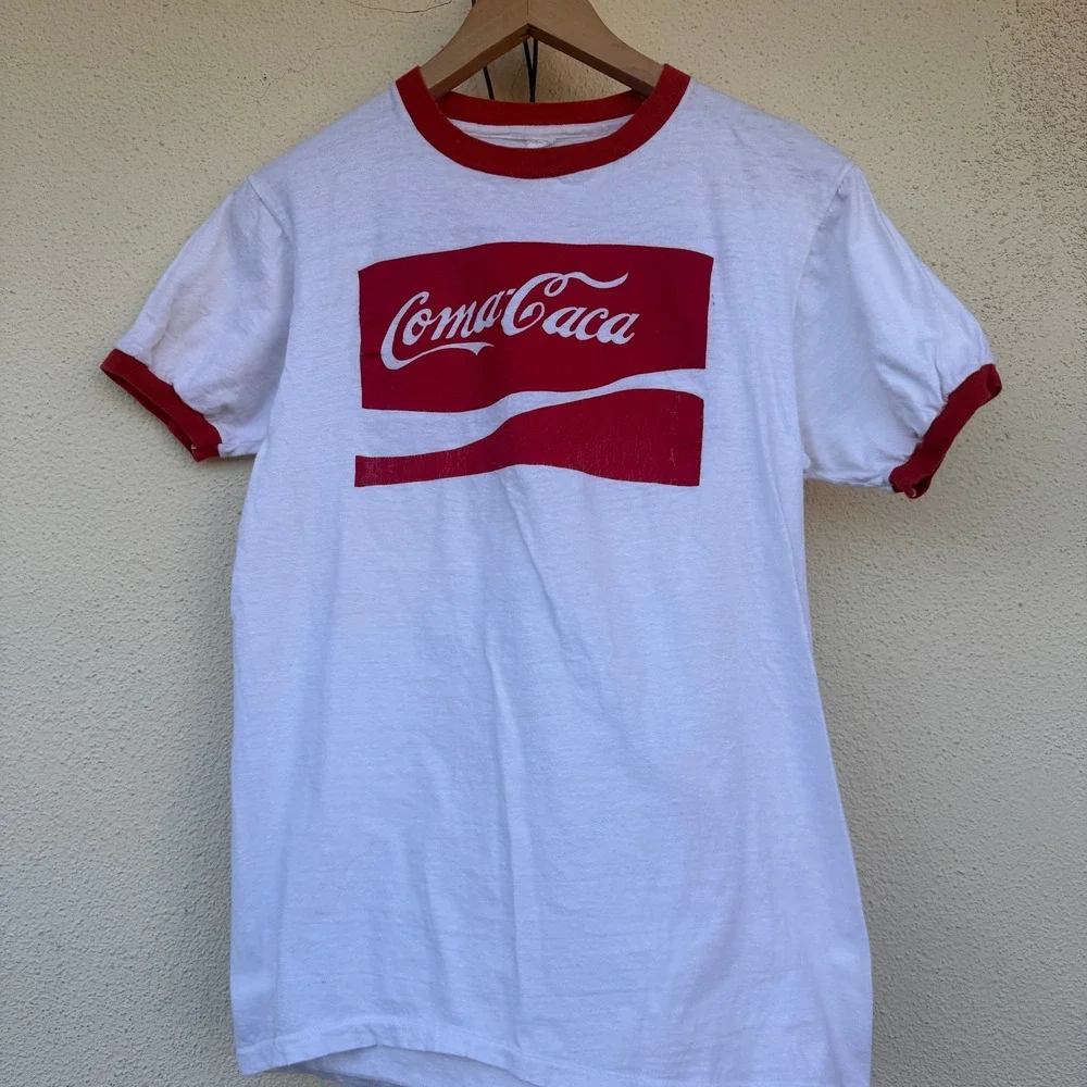 Vintage 60s Coma Caca Coca Cola Parody Ringer T-Shirt Graphic Tee Mens Medium